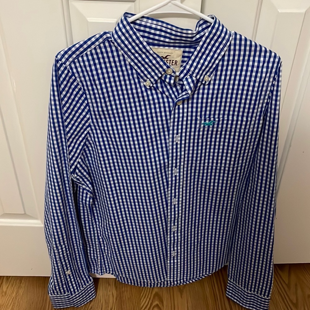 HOLLISTER BLUE WHITE CHECKERED BUTTON DOWN COLLAR SHIRT SIZE L